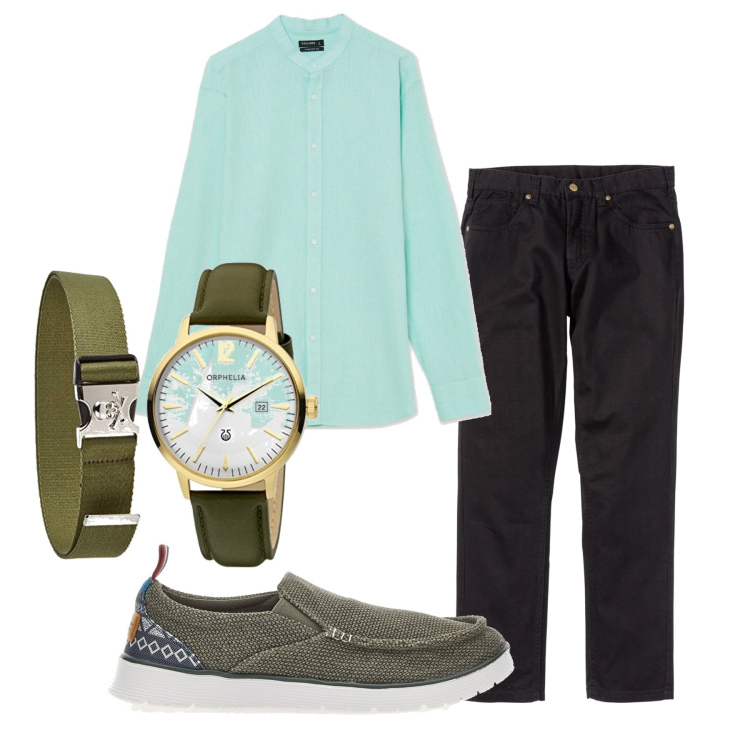 Outfit uomo - Un pomeriggio tranquillo. Stile Casual per Tutti i giorni. Abbinamento con pantaloni, camicie, orologi analogici, cinture, scarpe stringate.
