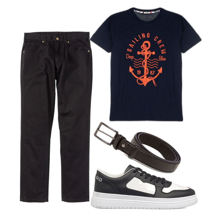 Outfit uomo - Nero nero. Stile Urban per Tutti i giorni. Abbinamento con pantaloni, t-shirt, sneakers, cinture.