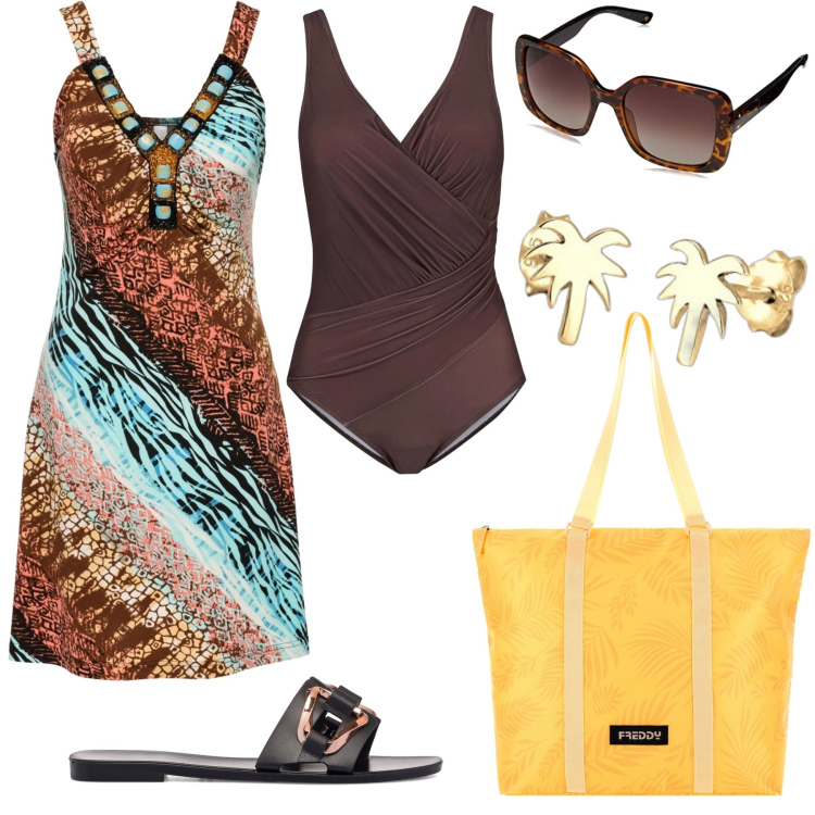 Outfit donna - Al mare con le ciabattine. Stile Casual chic per Mare. Abbinamento con vestiti, costumi interi, borse tote, ciabatte, occhiali da sole, orecchini.