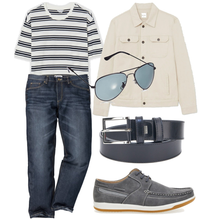 Outfit uomo - Il giubbotto avorio. Stile Casual per Tutti i giorni. Abbinamento con jeans dritti, giacche, t-shirt, occhiali da sole, cinture, scarpe stringate.