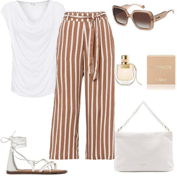 Outfit donna - Il Pantalone Comodo e Trendy!. Stile Basic per Tutti i giorni. Abbinamento con maglieria, pantaloni, sandali alla schiava, borse a spalla, occhiali da sole, profumi.