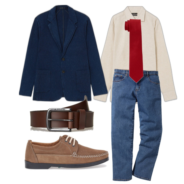 Outfit uomo - Pronto dopo l\'ufficio. Stile Business/Elegante per Tutti i giorni. Abbinamento con jeans dritti, giacche, camicie, cravatte, cinture, scarpe stringate.