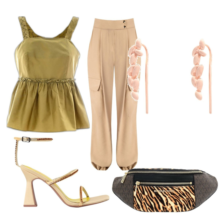 Outfit donna - Total look #1639941. Stile Sporty chic per Tutti i giorni. Abbinamento con marsupi, sandali col tacco, orecchini, pantaloni cargo, top.