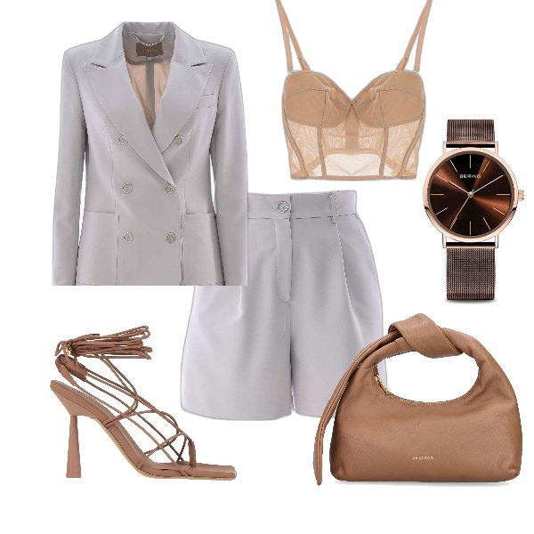Outfit donna - Total look #1639957. Stile Sexy per Serata fuori. Abbinamento con infradito, top, pantaloni corti, blazer, borse a mano, orologi.