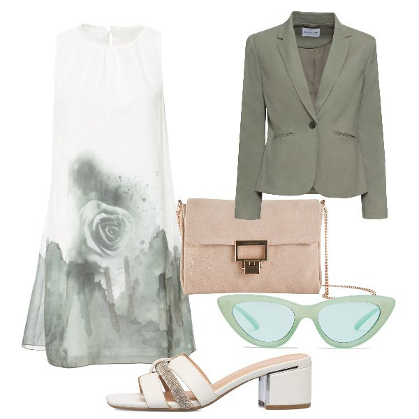 Outfit donna - Total look #1639987. Stile Chic per Cerimonia. Abbinamento con blazer, vestiti, pochette, occhiali da sole, sandali in pelle.