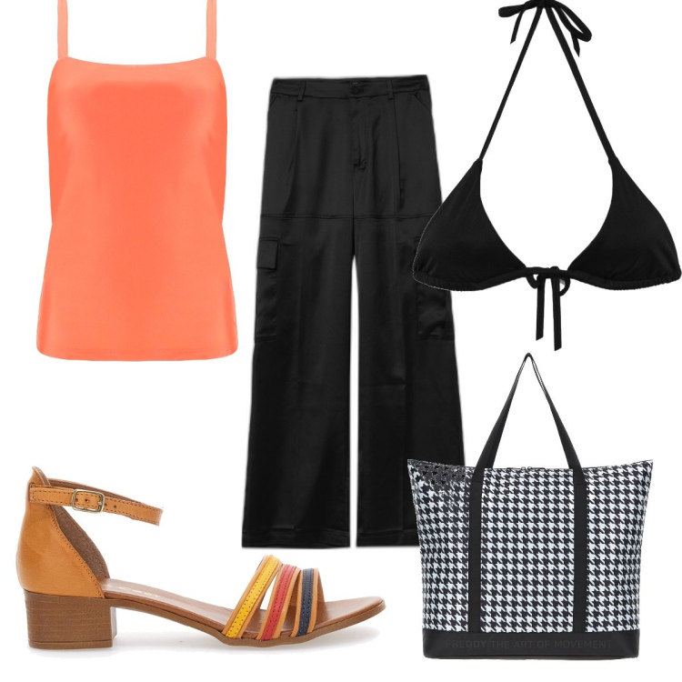 Outfit donna - Total look #1639992. Stile Trendy per Mare. Abbinamento con pantaloni cargo, bikini, canottiere, borse tote, sandali in pelle.
