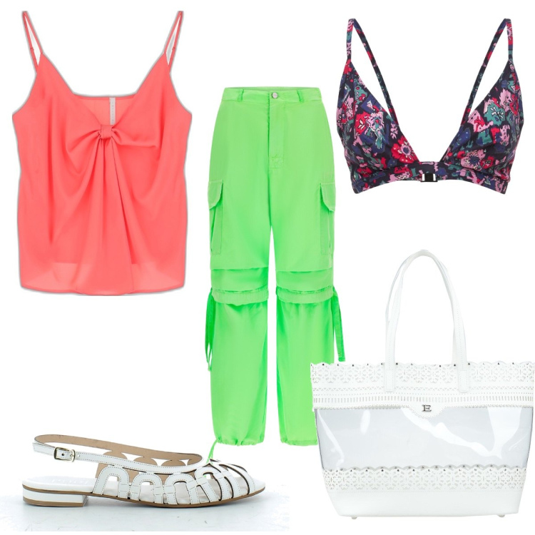 Outfit donna - Total look #1640024. Stile Sporty chic per Mare. Abbinamento con borse a mano, canottiere, pantaloni cargo, sandali in pelle, bikini.