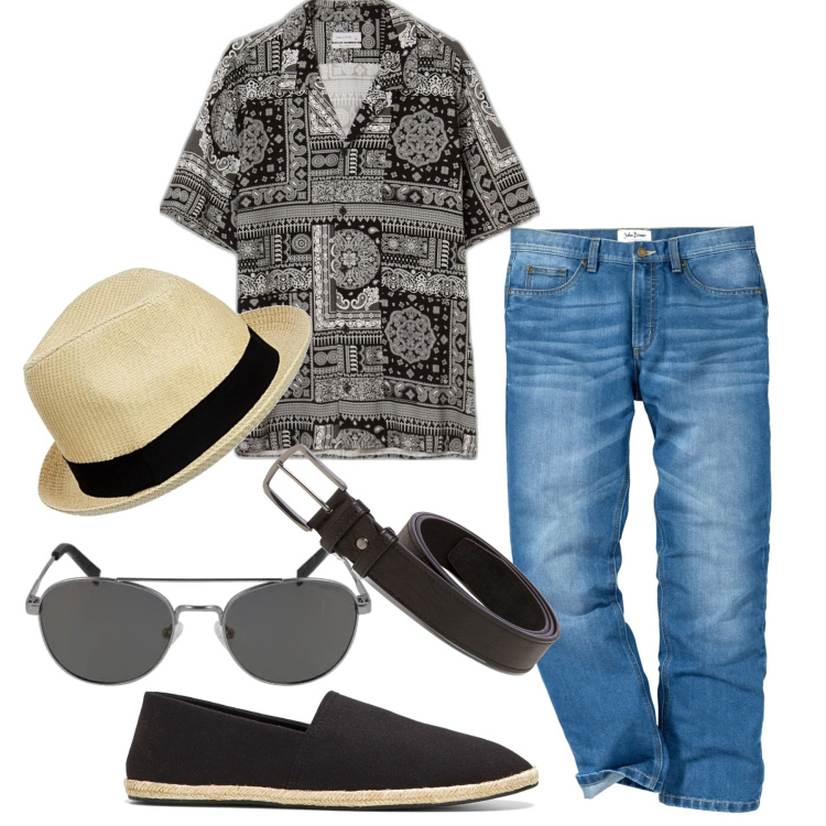 Outfit uomo - Turista perfetto. Stile Trendy per Tutti i giorni. Abbinamento con jeans dritti, espadrillas, camicie a manica corta, cinture, occhiali da sole, cappelli.