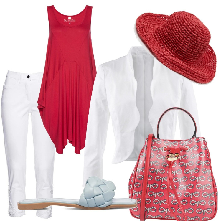 Outfit donna - Cherry. Stile Casual per Tutti i giorni. Abbinamento con blazer, top, jeans, borse a mano, cappelli con visiera, ciabatte.