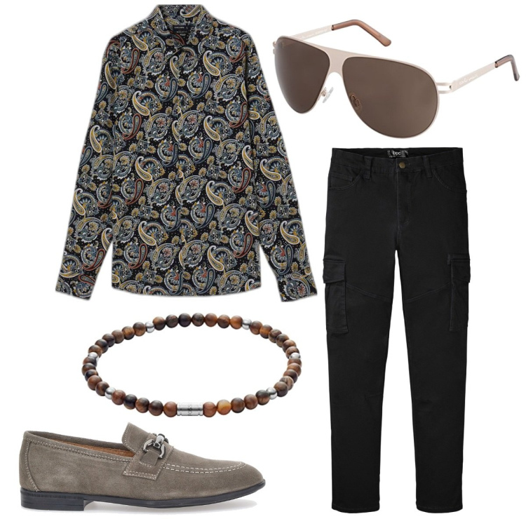 Outfit uomo - Colori neutri. Stile Casual per Tutti i giorni. Abbinamento con camicie, pantaloni cargo, scarpe stringate, occhiali da sole, braccialetti.