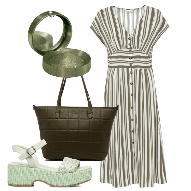 Outfit donna - Semplice. Stile Bon Ton per Tutti i giorni. Abbinamento con vestiti, sandali col tacco, borse a spalla, ombretti.