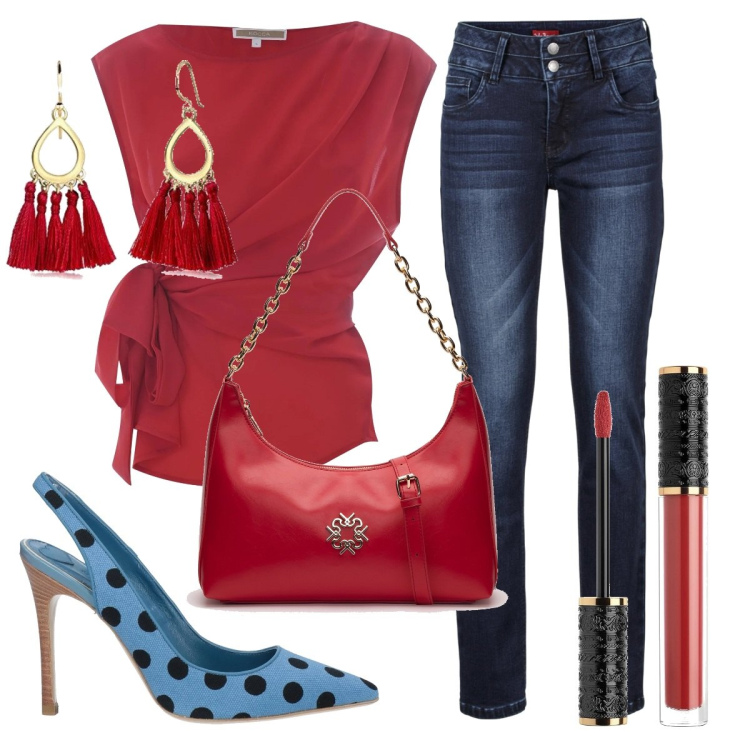Outfit donna - Total look #1640294. Stile Trendy per Ufficio. Abbinamento con jeans, décolleté, borse a spalla, bluse, orecchini, profumi.