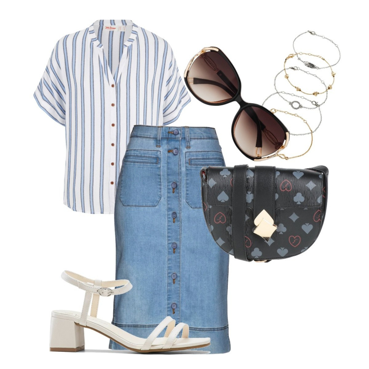 Outfit donna - Torniamo indietro camicia e gonna!. Stile 70s per Tutti i giorni. Abbinamento con gonne, camicie, occhiali da sole, braccialetti con ciondoli, sandali col tacco, borse a tracolla.