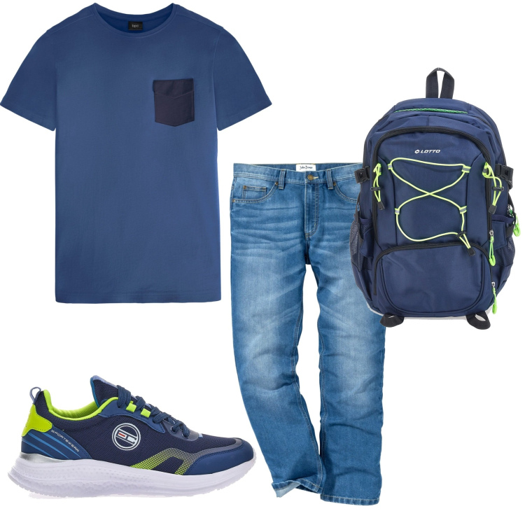 Outfit uomo - In giro. Stile Casual per Tutti i giorni. Abbinamento con jeans dritti, t-shirt, sneakers, borse sportive.