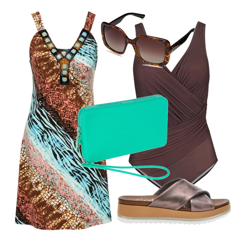 Outfit donna - Il primo prendisole. Stile Etnico per Mare. Abbinamento con vestiti, costumi interi, pochette, ciabatte, occhiali da sole.