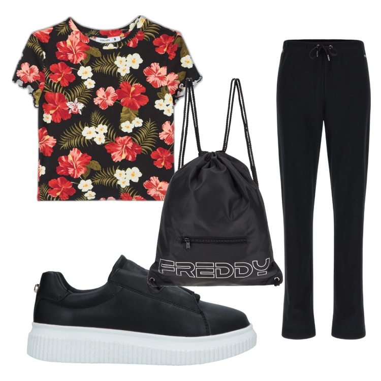 Outfit donna - Total look #1640628. Stile Basic per Sport. Abbinamento con sneakers, t-shirt, zaini, pantaloni.