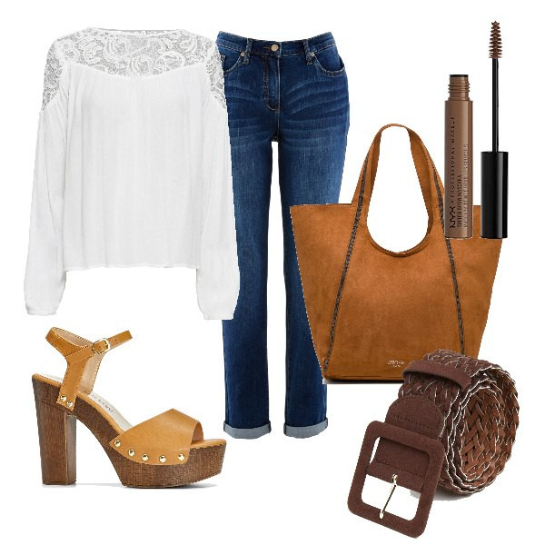 Outfit donna - Total look #1640692. Stile Etnico per Tutti i giorni. Abbinamento con jeans boyfriend, tuniche, sandali col tacco, cinture, borse a spalla, mascara.