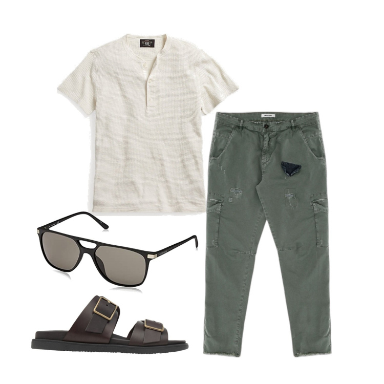 Outfit uomo - Ghost outfitter - giugno. Stile Trendy per Tutti i giorni. Abbinamento con sandali, pantaloni, t-shirt, occhiali da sole.
