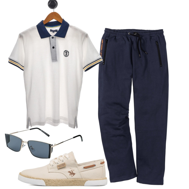 Outfit uomo - La polo bianca. Stile Casual per Tutti i giorni. Abbinamento con pantaloni, sneakers, occhiali da sole, polo.