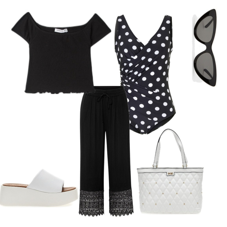 Outfit donna - Tutti al mare. Stile Vintage retrò per Mare. Abbinamento con pantaloni culotte, costumi interi, t-shirt, occhiali da sole, ciabatte, borse a spalla.