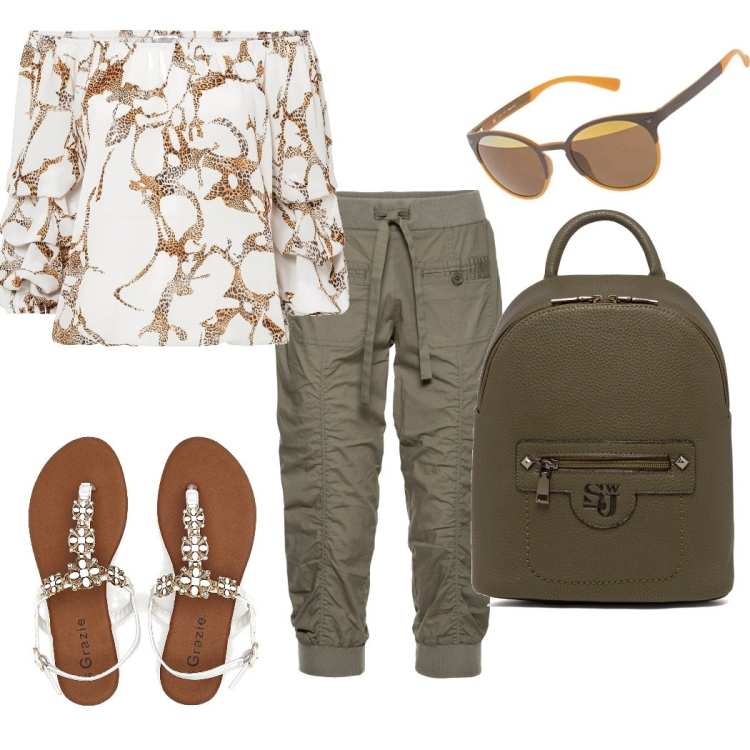 Outfit donna - Ci vediamo in centro. Stile Sporty chic per Tutti i giorni. Abbinamento con pantaloni capri, bluse, zaini, sandali gioiello, occhiali da sole.