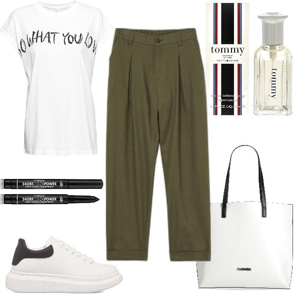 Outfit donna - Pantaloni Chinos & Sneakers. Stile Basic per Tutti i giorni. Abbinamento con maglieria, borse a mano, pantaloni capri, sneakers, profumi, ombretti.