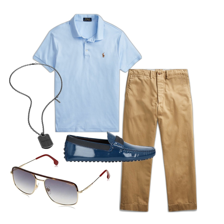 Outfit uomo - Ghost outfitter - giugno. Stile Business/Elegante per Ufficio. Abbinamento con scarpe stringate, polo, pantaloni chino, collane, occhiali da sole.