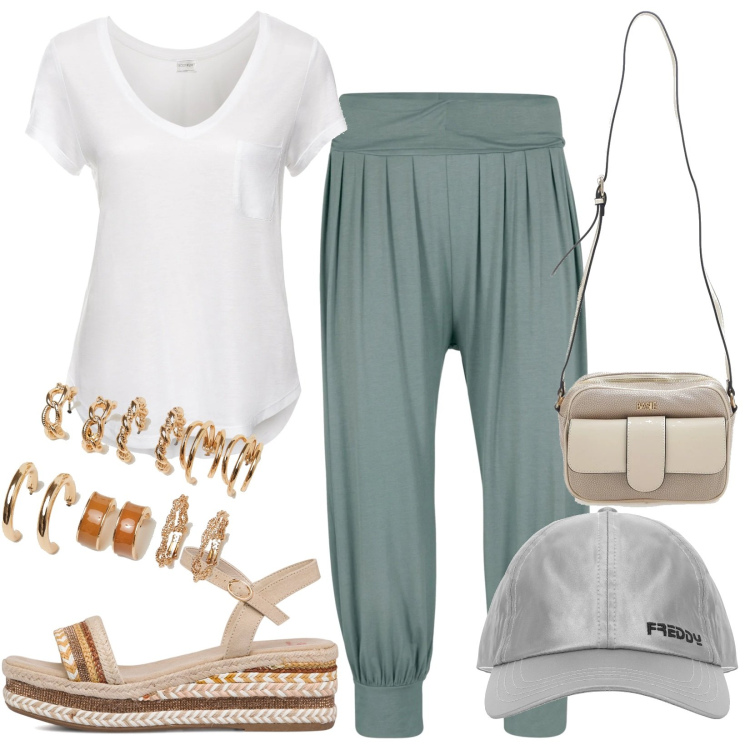 Outfit donna - Total look #1640888. Stile Basic per Tutti i giorni. Abbinamento con t-shirt, pantaloni, orecchini, cappelli con visiera, sandali col tacco, borse a tracolla.