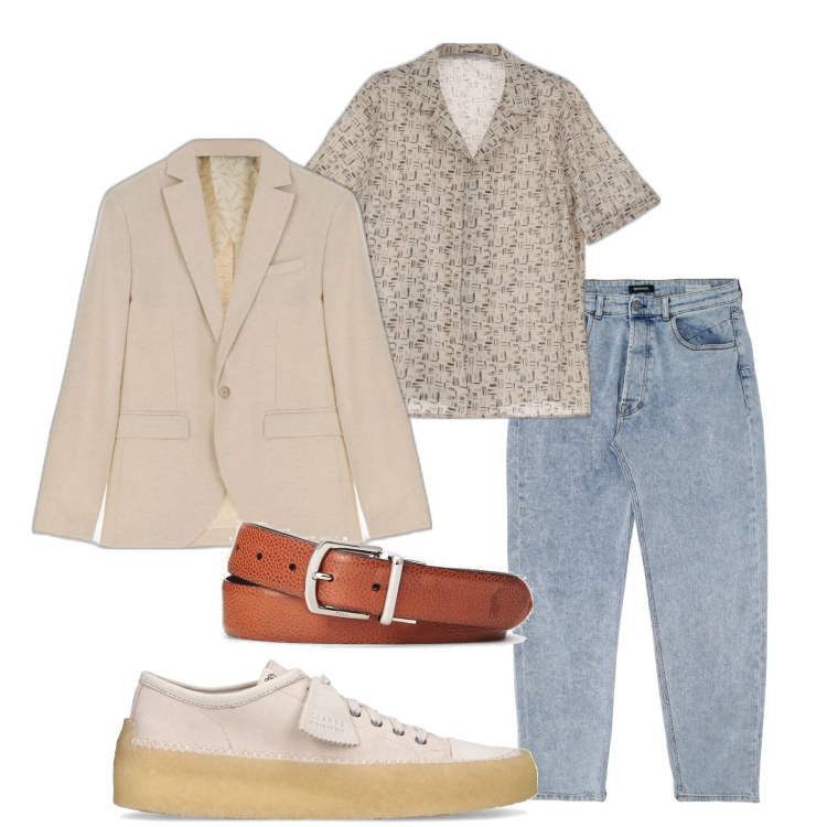 Outfit uomo - Sabbia. Stile Trendy per Tutti i giorni. Abbinamento con camicie a manica corta, jeans dritti, giacche, cinture, sneakers.