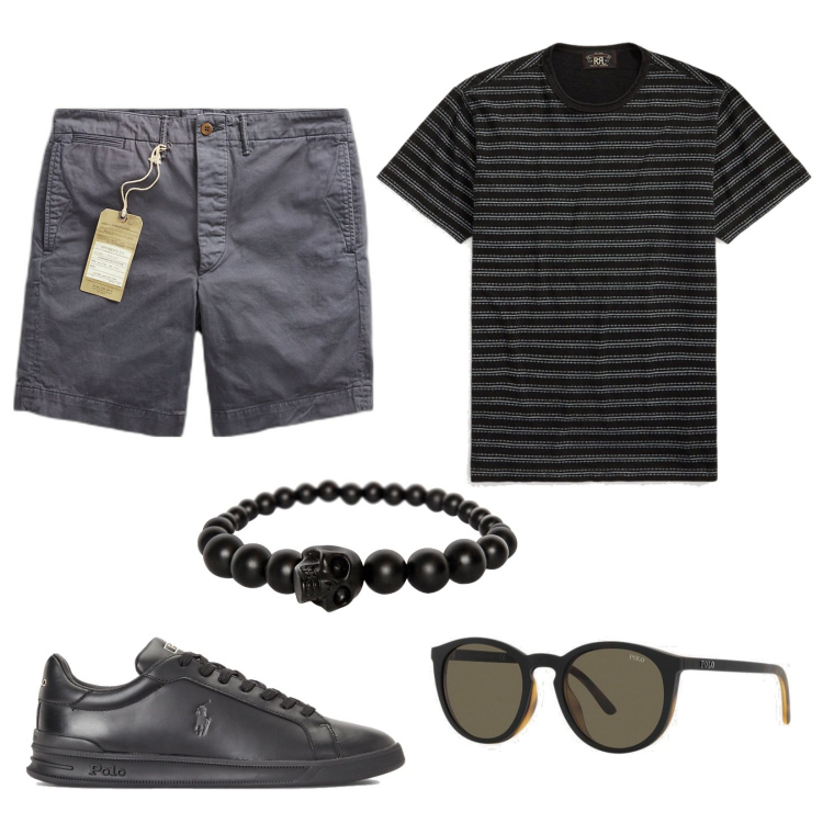 Outfit uomo - Shopping estivo. Stile Casual per Tutti i giorni. Abbinamento con t-shirt, pantaloni chino, occhiali da sole, sneakers, braccialetti.