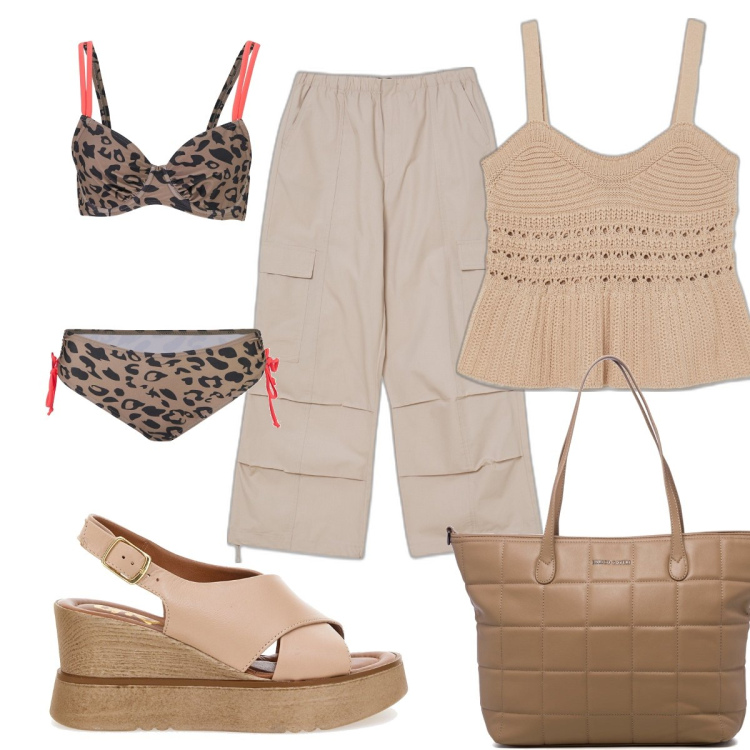 Outfit donna - Total look #1640938. Stile Trendy per Mare. Abbinamento con bikini, top, pantaloni cargo, borse a spalla, sandali.
