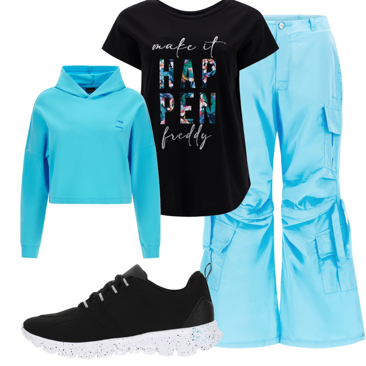 Outfit donna - Sportiva anche d\'estate. Stile Sporty chic per Tutti i giorni. Abbinamento con pantaloni cargo, t-shirt, sneakers, felpe con cappuccio.
