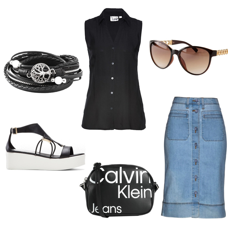 Outfit donna - Casual mood. Stile Casual per Tutti i giorni. Abbinamento con gonne, braccialetti, sandali col tacco, camicie, occhiali da sole, borse a tracolla.