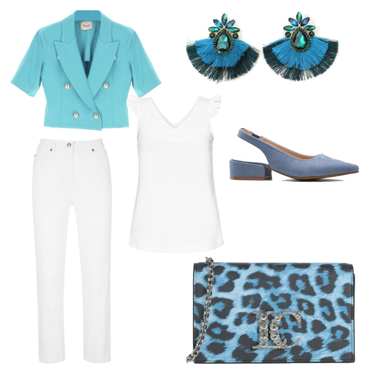 Outfit donna - Azzurro acceso. Stile Casual chic per Serata fuori. Abbinamento con décolleté, pantaloni, top, borse a tracolla, orecchini, giacche.