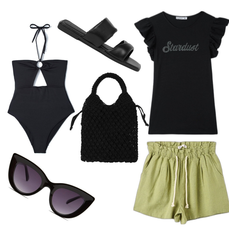 Outfit donna - È arrivata l\'estate. Stile Boho per Mare. Abbinamento con shorts, t-shirt, costumi interi, ciabatte, occhiali da sole, borse a spalla.