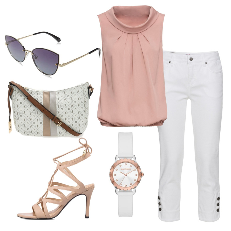 Outfit donna - Colori pastello. Stile Bon Ton per Serata fuori. Abbinamento con top, jeans slim fit, sandali alla schiava, borse a tracolla, orologi, occhiali da sole.