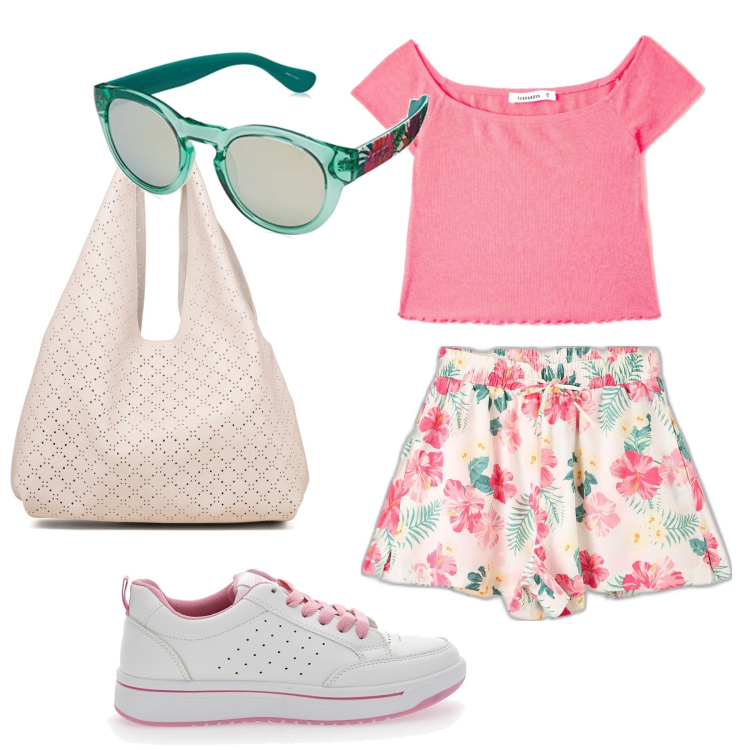 Outfit donna - Gli shorts a fiori. Stile Casual per Tutti i giorni. Abbinamento con t-shirt, shorts, borse a spalla, sneakers, occhiali da sole.