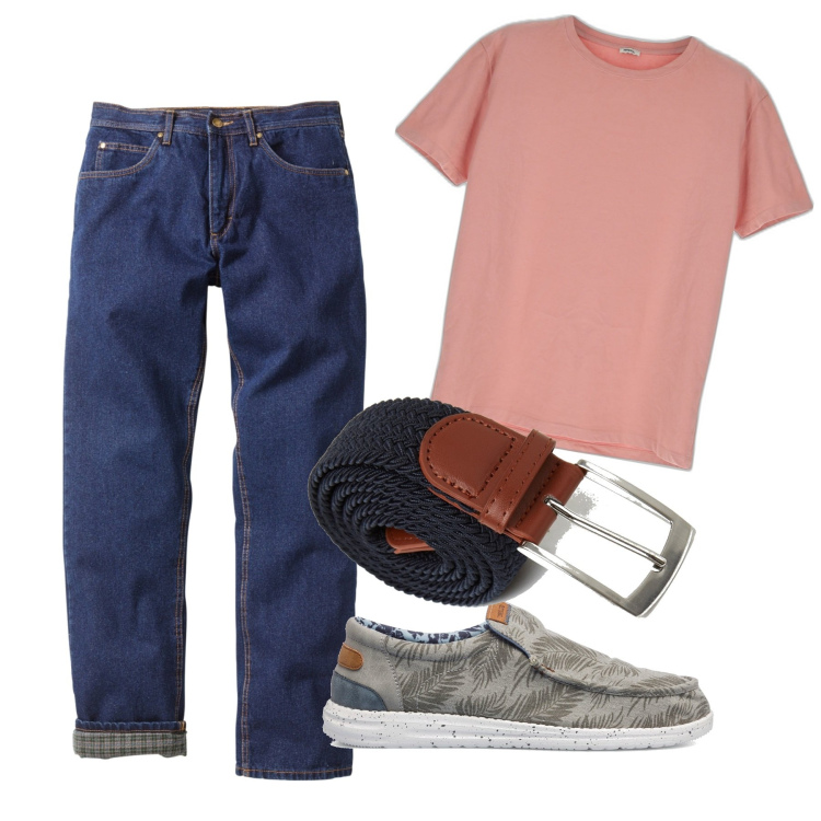Outfit uomo - Rosa e blu. Stile Trendy per Tutti i giorni. Abbinamento con jeans dritti, t-shirt, cinture, scarpe stringate.