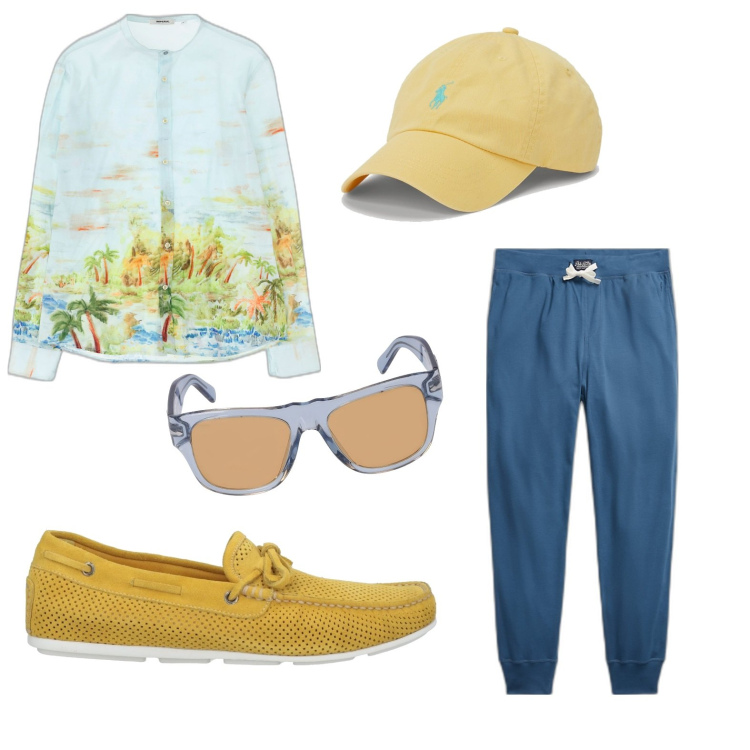 Outfit uomo - Sole. Stile Trendy per Ufficio. Abbinamento con scarpe stringate, camicie, cappelli, pantaloni, occhiali da sole.