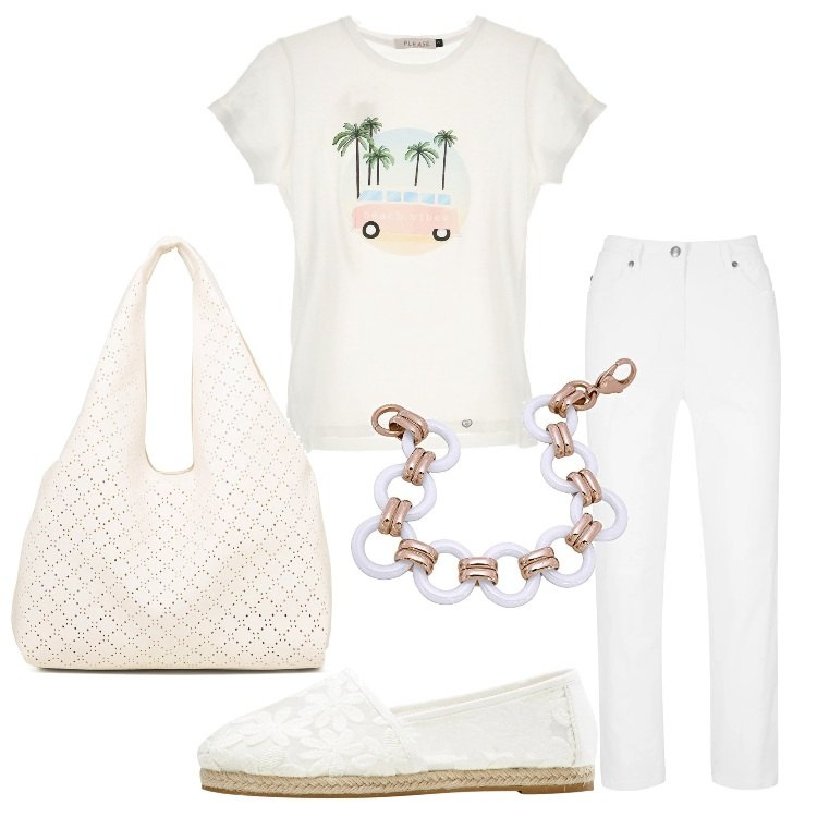 Outfit donna - Casual Total White. Stile Casual per Tutti i giorni. Abbinamento con pantaloni, espadrillas, t-shirt, borse a spalla, braccialetti.