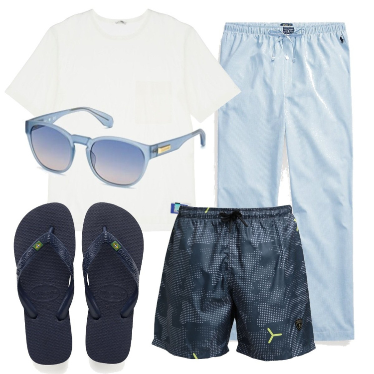 Outfit uomo - Total look #1641350. Stile Casual per Mare. Abbinamento con costumi, t-shirt, sandali, pantaloni, occhiali da sole.