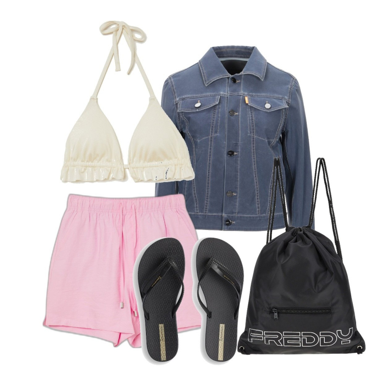 Outfit donna - Pronta per l\'estate serve il minimo indi. Stile Basic per Mare. Abbinamento con giacche, bikini, shorts, zaini, infradito.