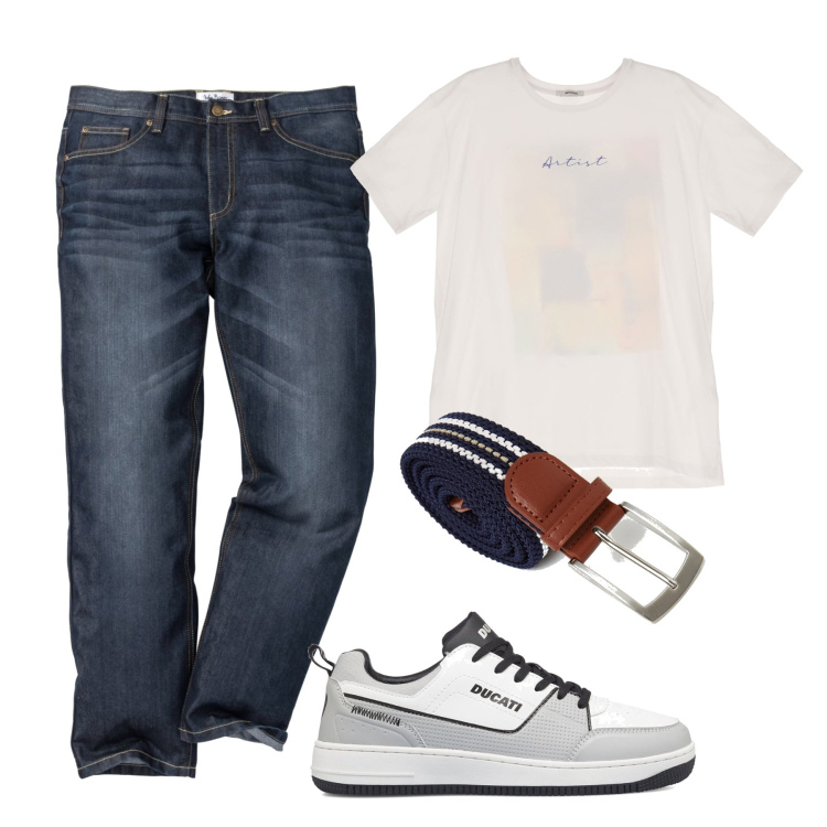 Outfit uomo - Tshirt bianca. Stile Casual per Tutti i giorni. Abbinamento con jeans dritti, t-shirt, cinture, sneakers.