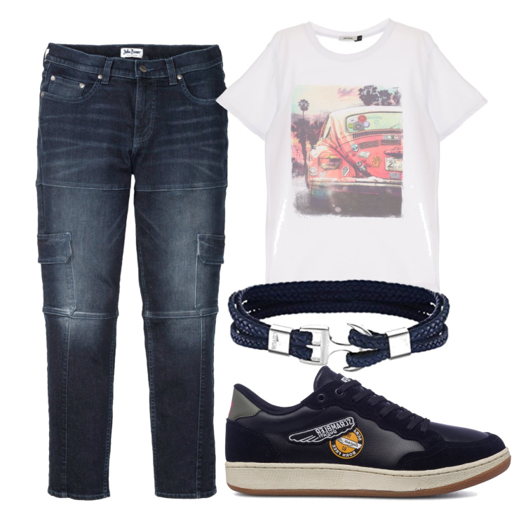 Outfit uomo - Cargo jeans. Stile Urban per Tutti i giorni. Abbinamento con jeans slim fit, t-shirt, sneakers, braccialetti.