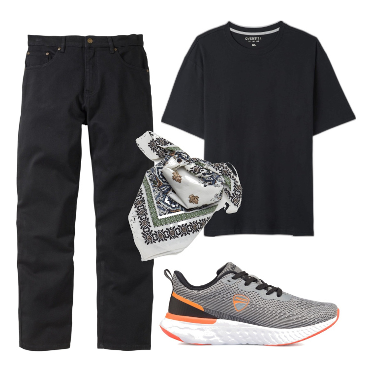 Outfit uomo - Con il foulard. Stile Urban per Tutti i giorni. Abbinamento con jeans dritti, t-shirt, sciarpe e foulard, sneakers.