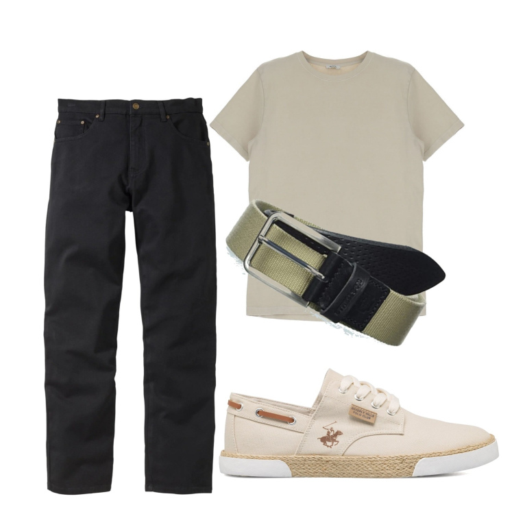 Outfit uomo - Passeggiata. Stile Casual per Tutti i giorni. Abbinamento con jeans dritti, t-shirt, sneakers, cinture.