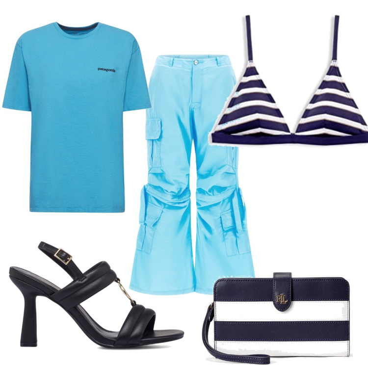 Outfit donna - Total look #1641598. Stile Sporty chic per Mare. Abbinamento con pantaloni cargo, sandali col tacco, pochette, t-shirt, bikini.