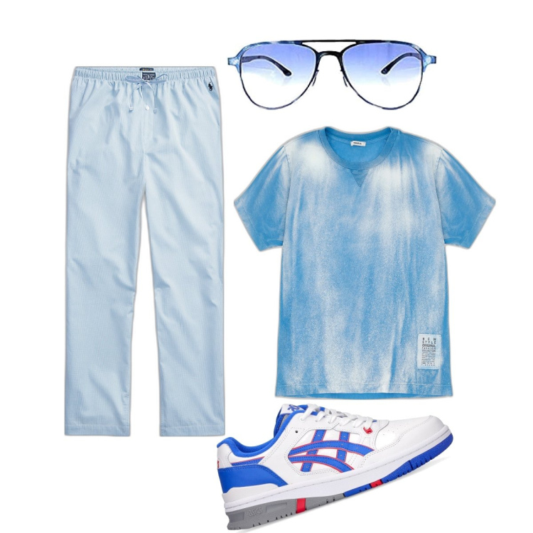 Outfit uomo - Azzurro creativo. Stile Casual per Mare. Abbinamento con t-shirt, pantaloni, occhiali da sole, sneakers.
