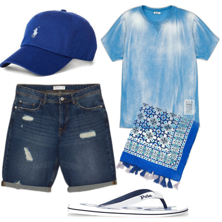 Outfit uomo - Alla spiaggia. Stile Trendy per Mare. Abbinamento con sciarpe, t-shirt, bermuda, sandali, cappelli.