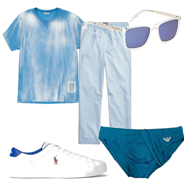 Outfit uomo - Total look #1641659. Stile Trendy per Mare. Abbinamento con t-shirt, pantaloni, sneakers, costumi, occhiali da sole.